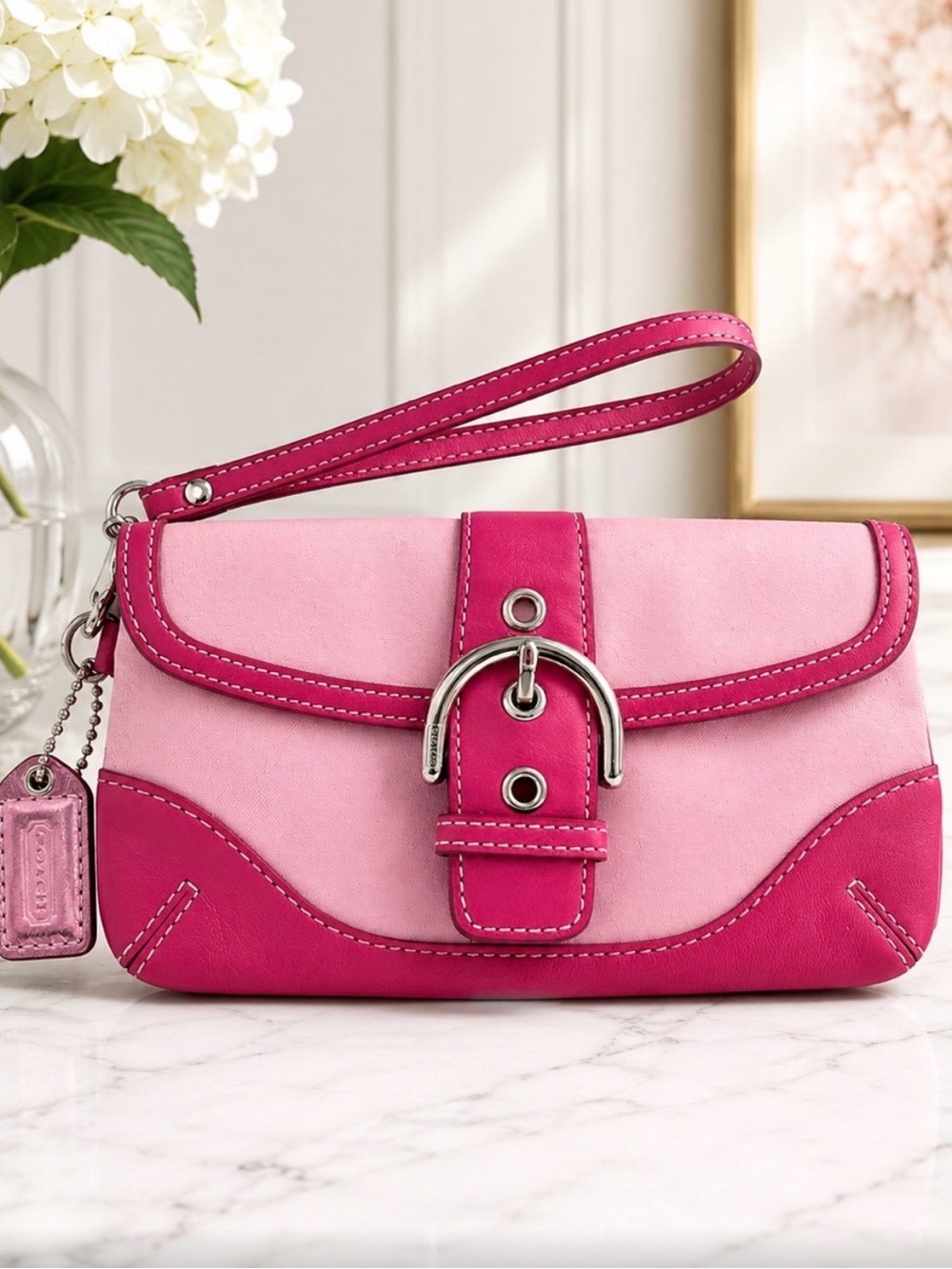 Coach Vintage Y2K Pink Canvas Leather
Buckle Wristlet RARE